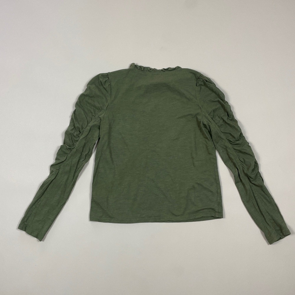 Maeve Anthropologie Olive Green Ruffle Neck Ruched Puff Sleeve Knit Top Small - Picture 2 of 7